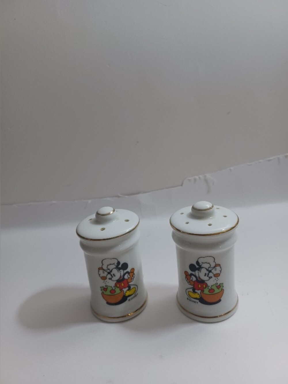 Vintage Disney White and Gold Chef Mickey Porcelain Salt & Pepper Set